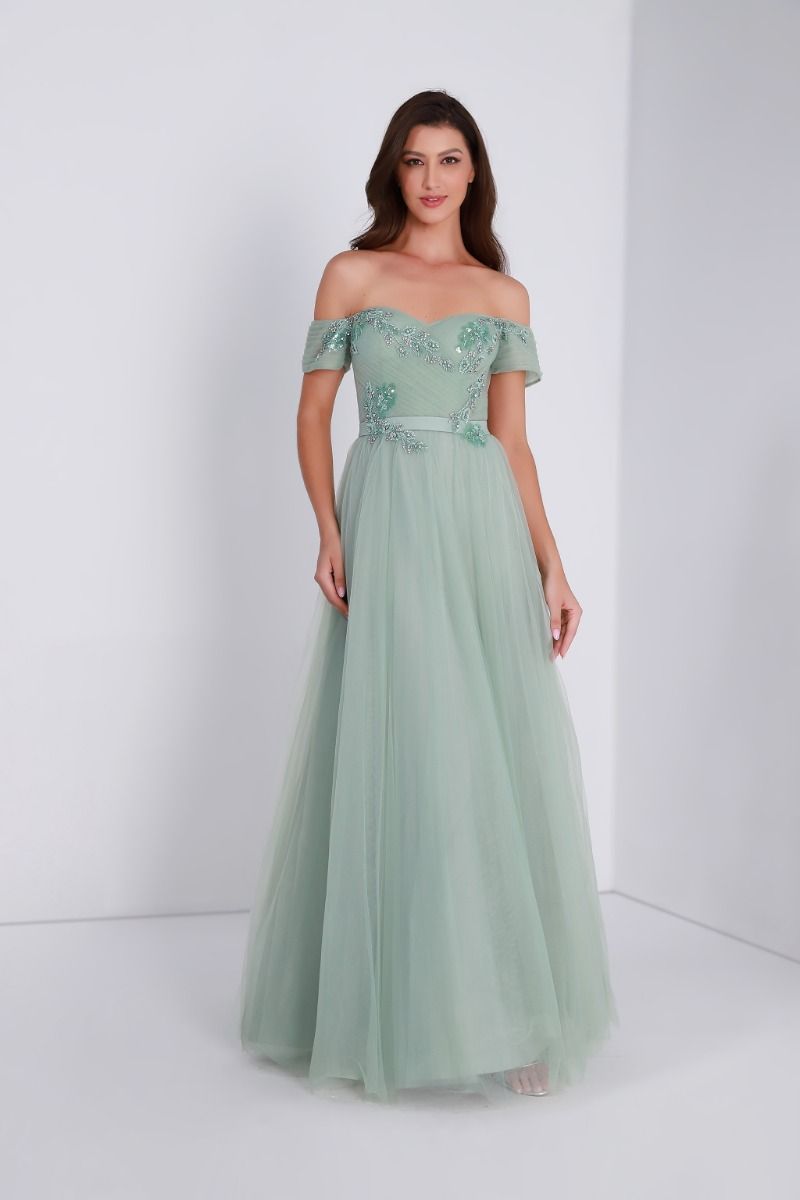 Beading embellished off shoulder belted deals dress