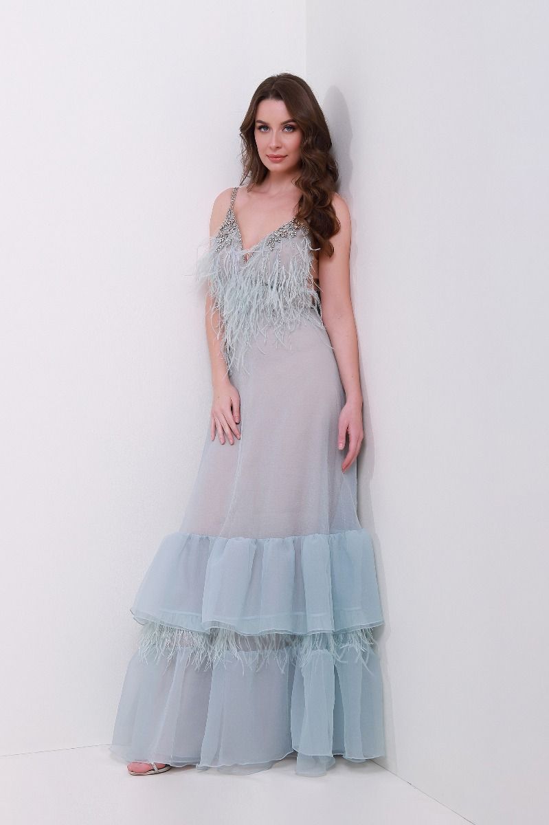 Feather-trimmed embellished dress