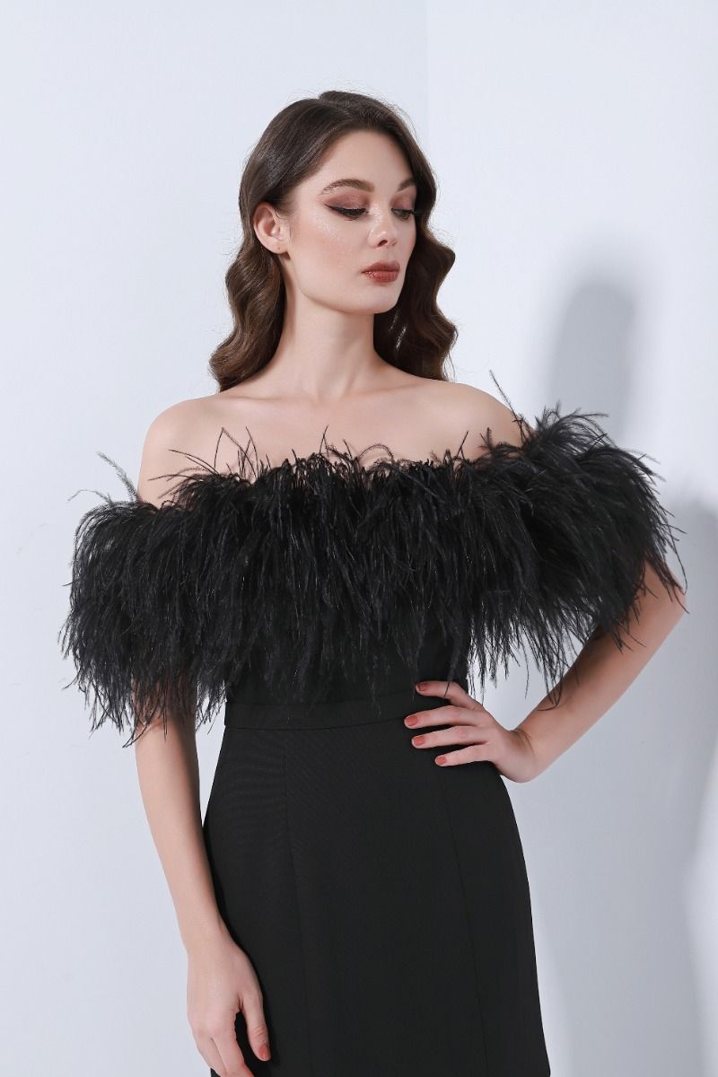 Feathered off-shoulder dress