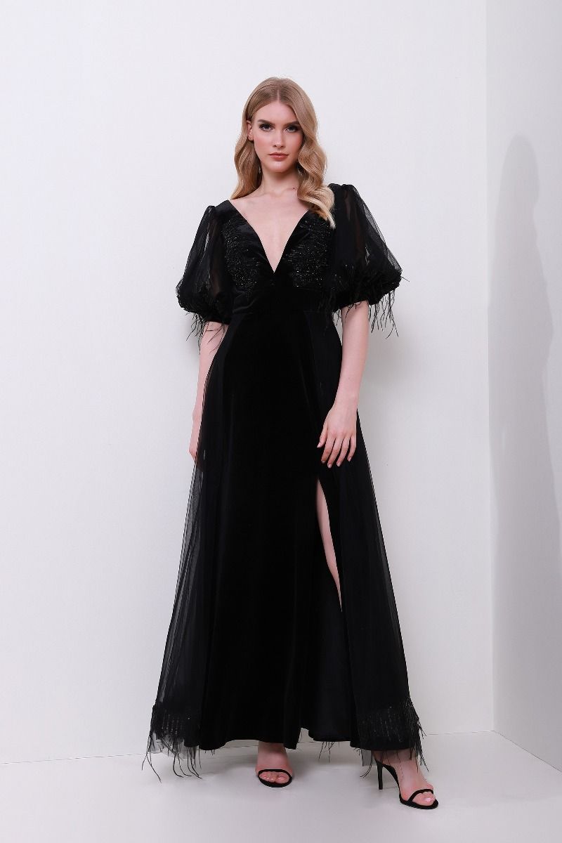 balloon sleeves velvet dress