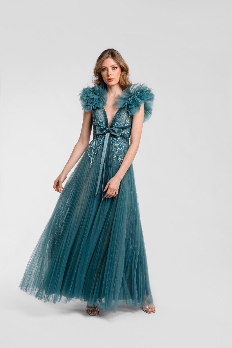 vivid flare, ruffled shoulders dress