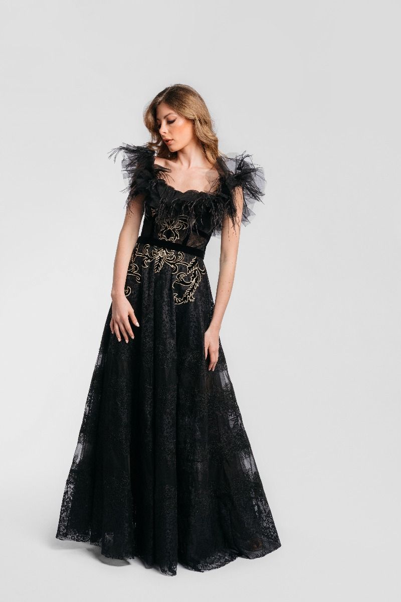 Feather & frill shoulders dress