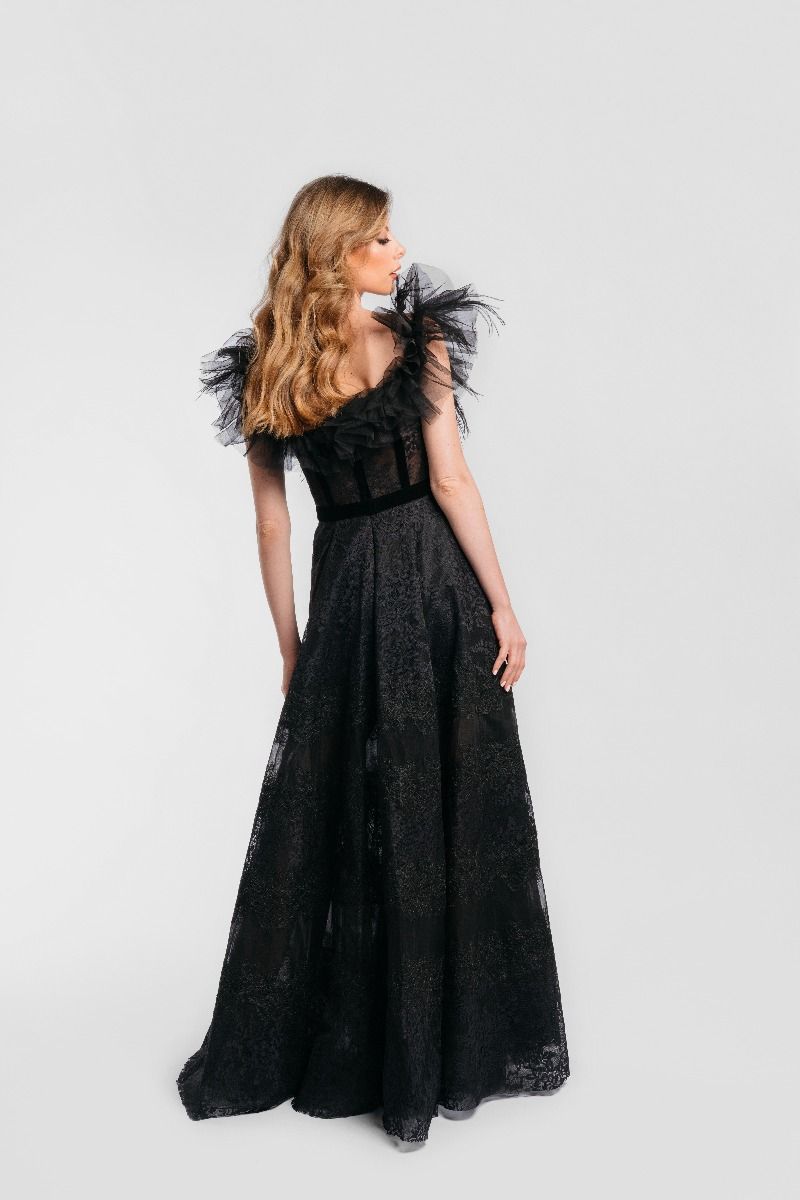 Feather & frill shoulders dress