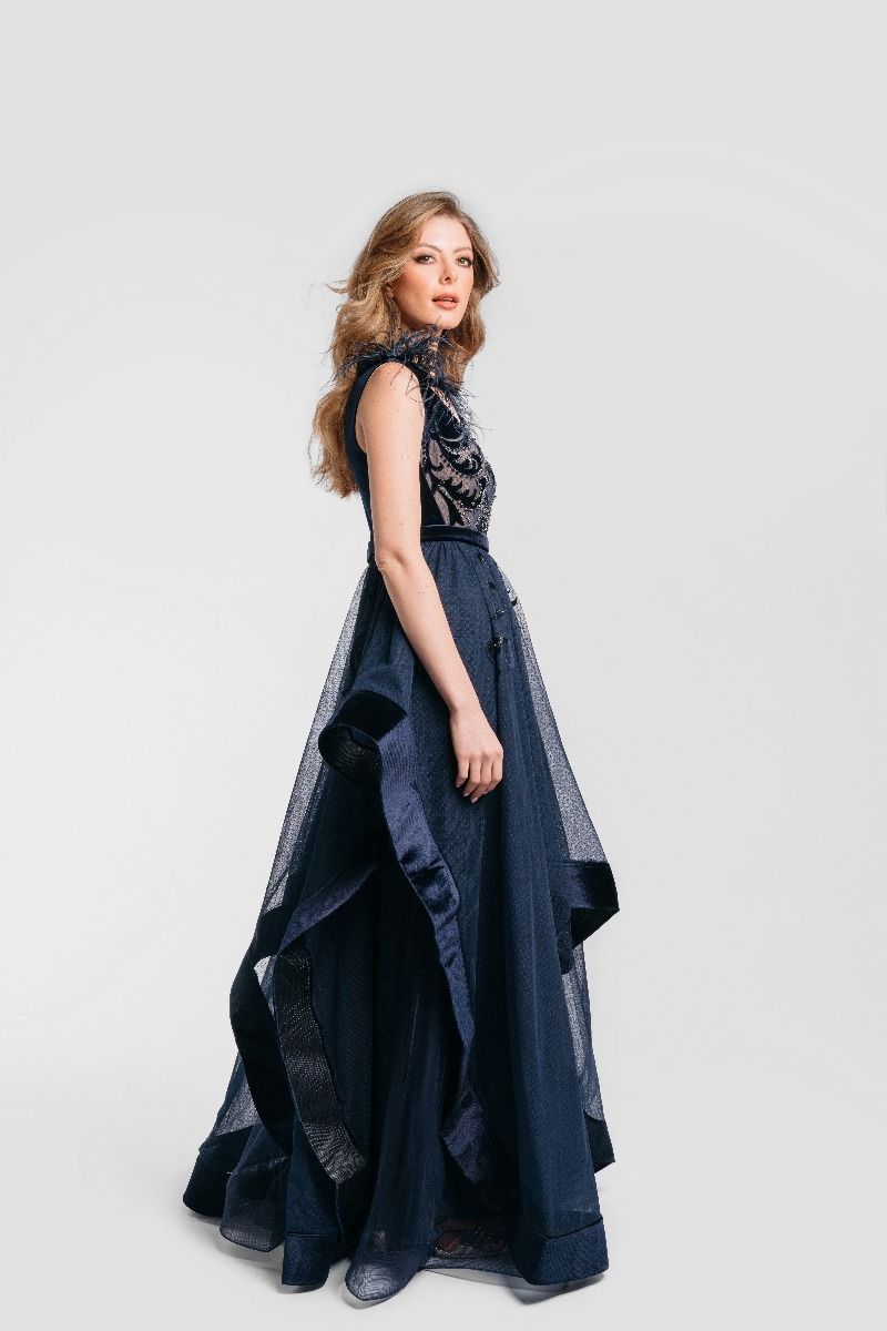 embellished feather shoulders dress