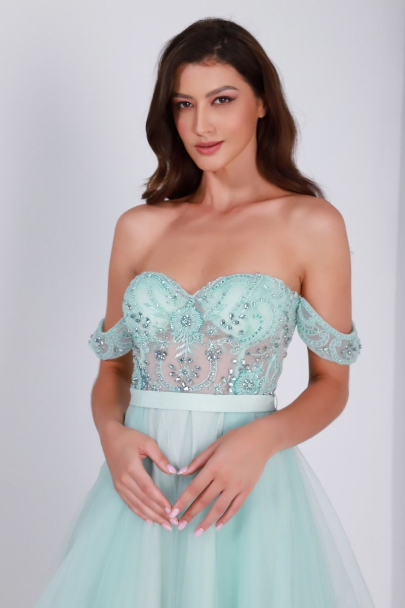 Off-shoulder embellished dress