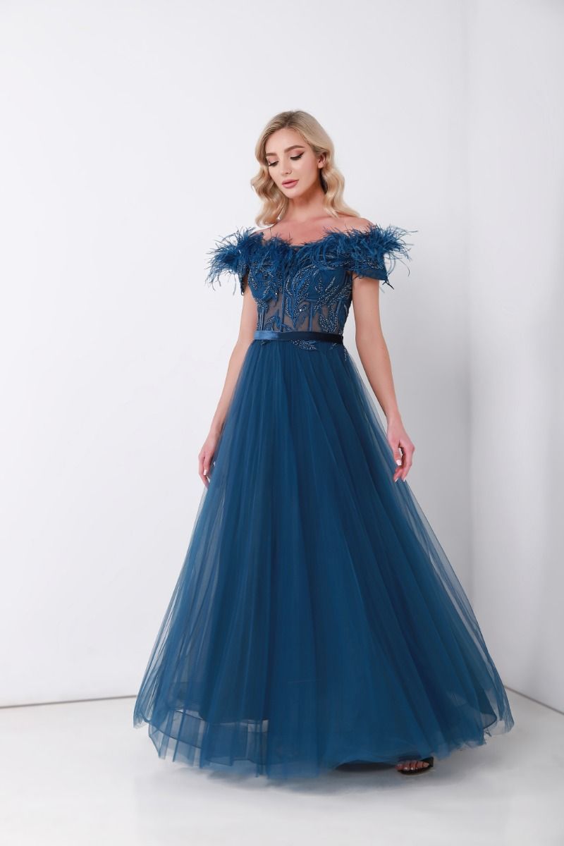 Off-shoulder feather embellishment dress