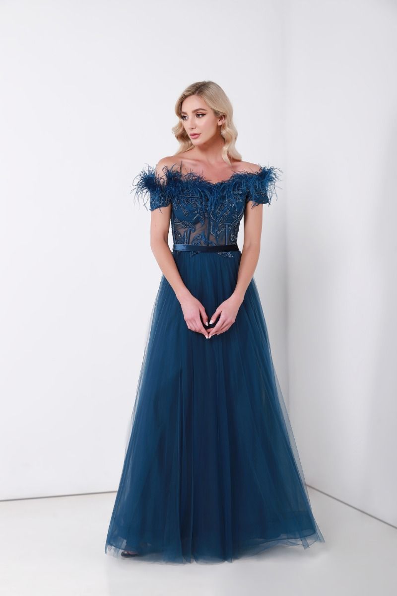 Off-shoulder feather embellishment dress