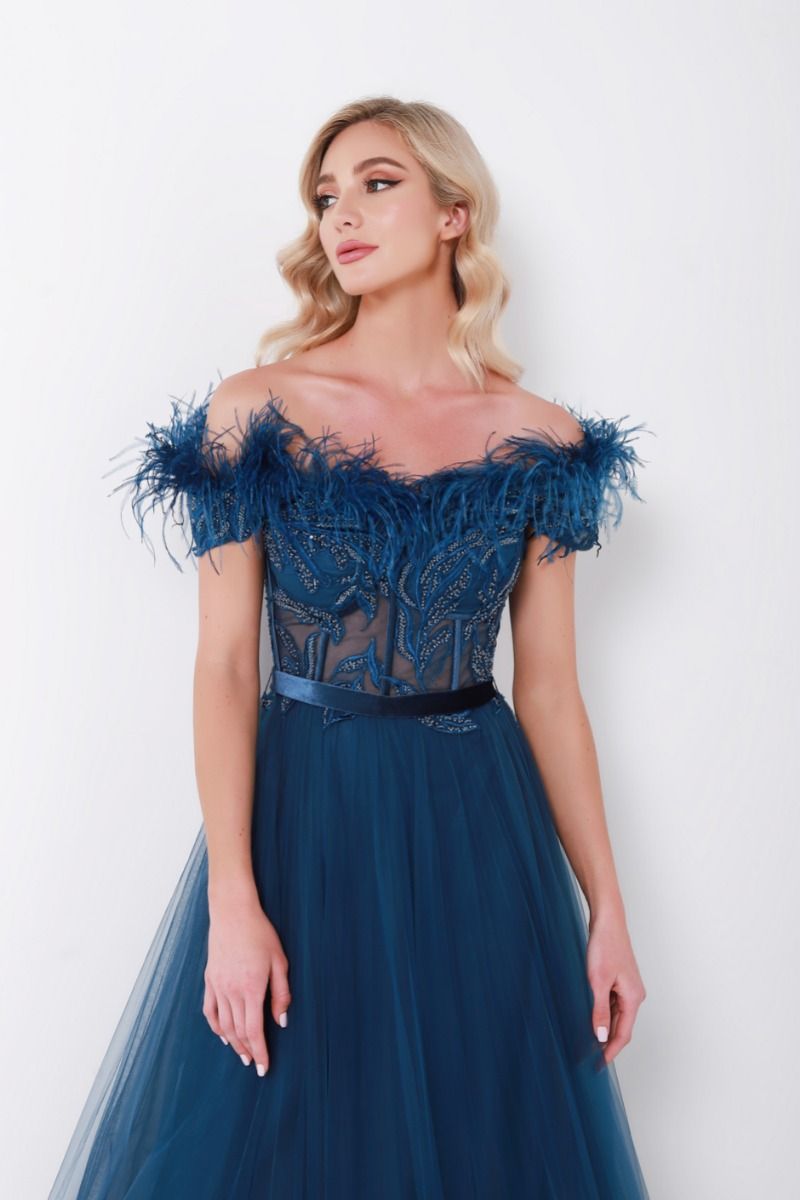 Off-shoulder feather embellishment dress