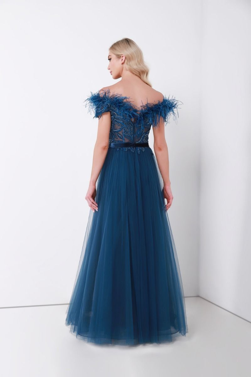 Off-shoulder feather embellishment dress
