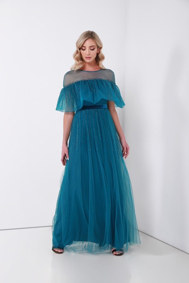 Embellished ruffled cape dress