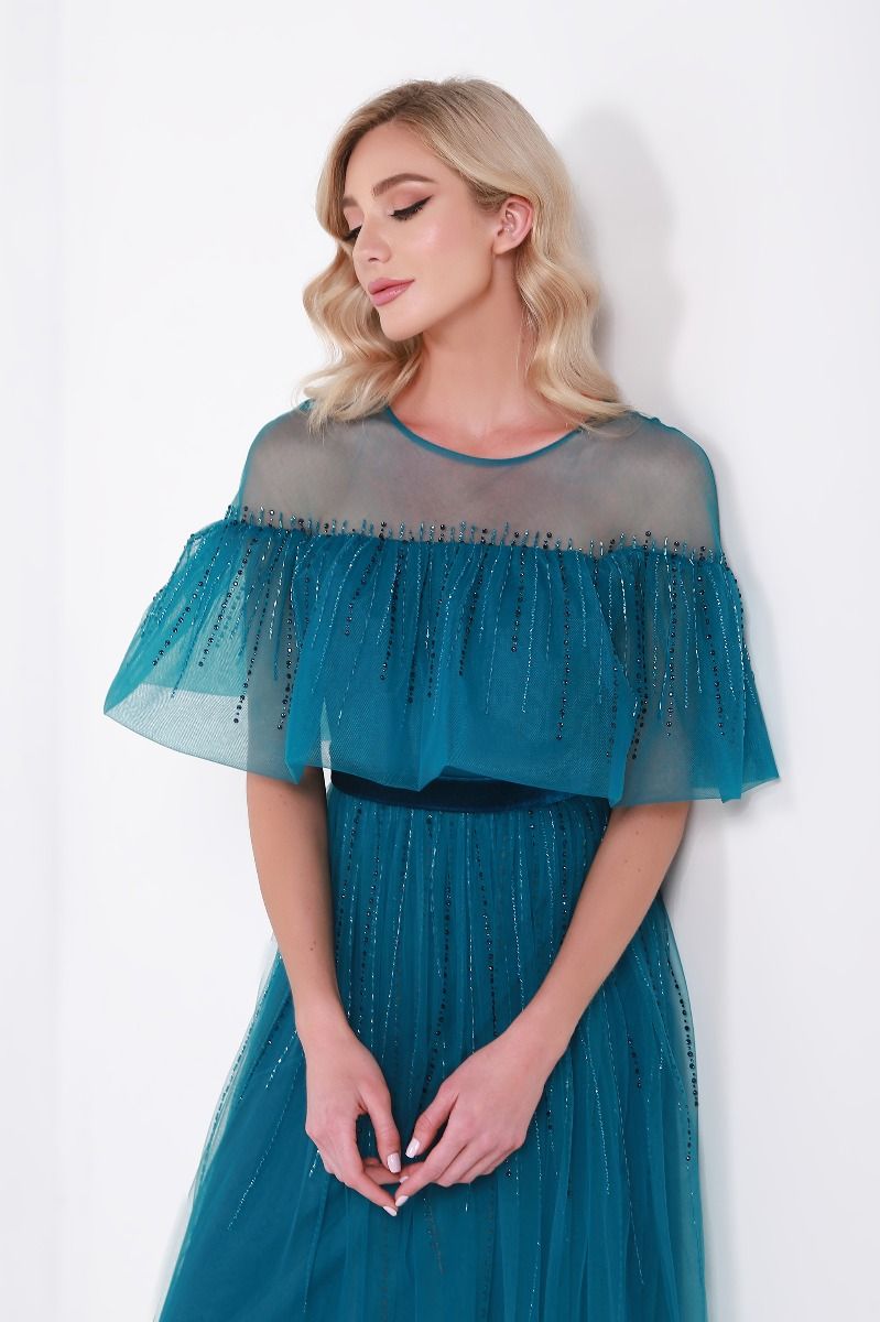 Embellished ruffled cape dress