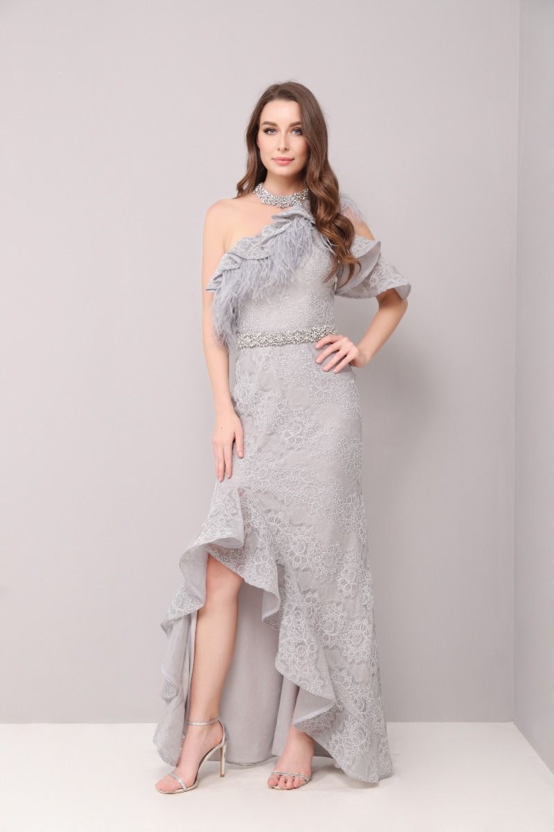 Feather trimming Asymmetric dress