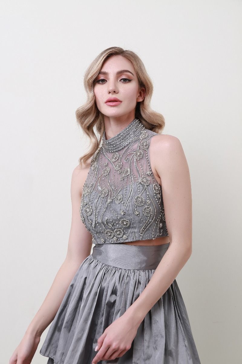 Embellished high neckline dress