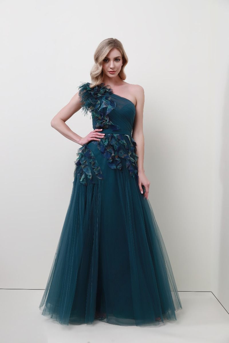 One shoulder frill trimming dress
