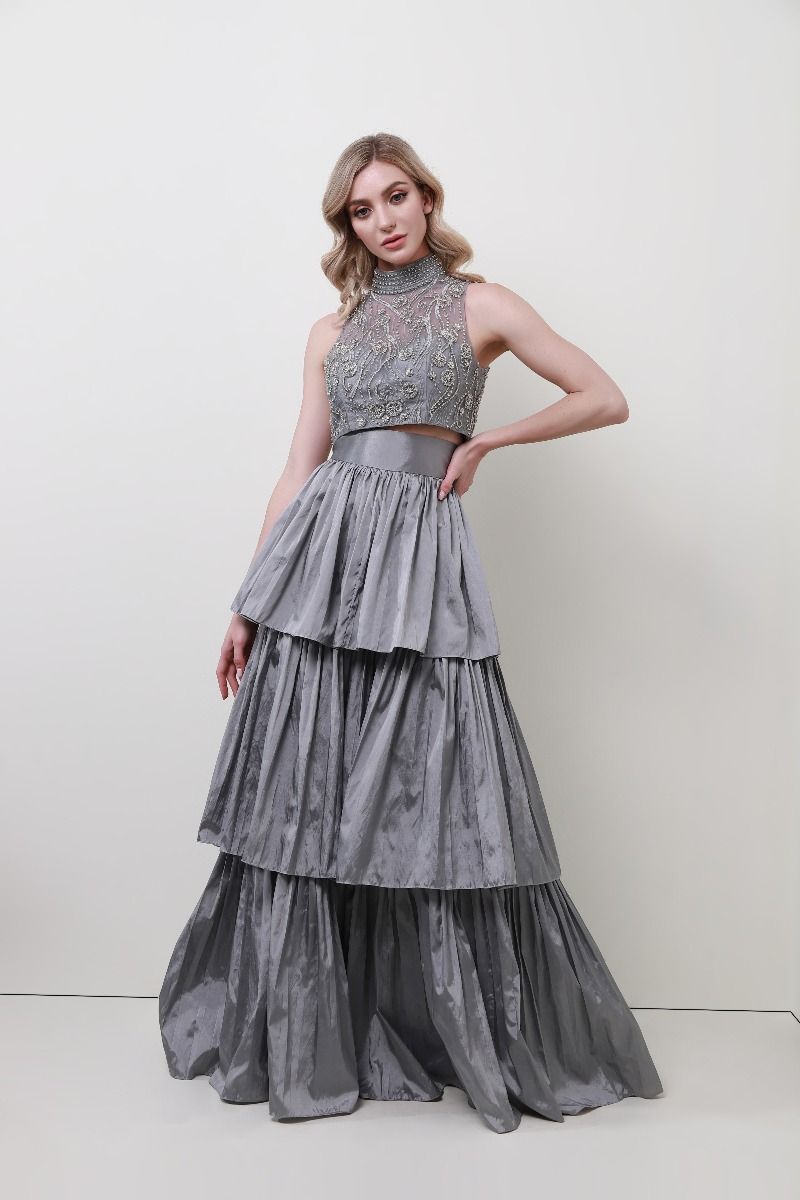 Embellished high neckline dress