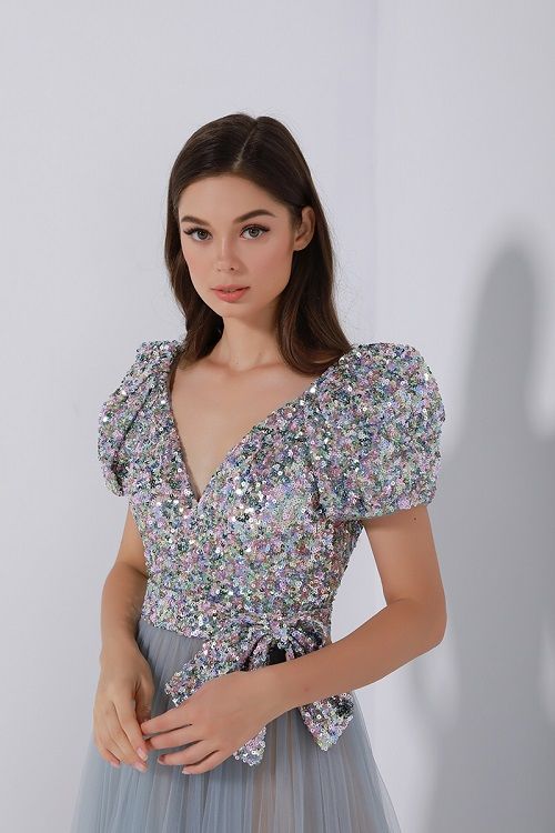 Sequin balloon sleeves dress