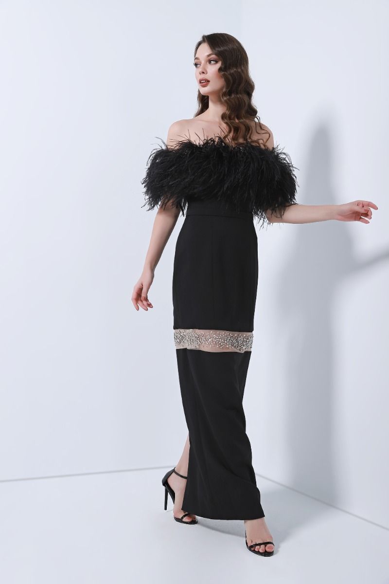 Feathered off-shoulder dress