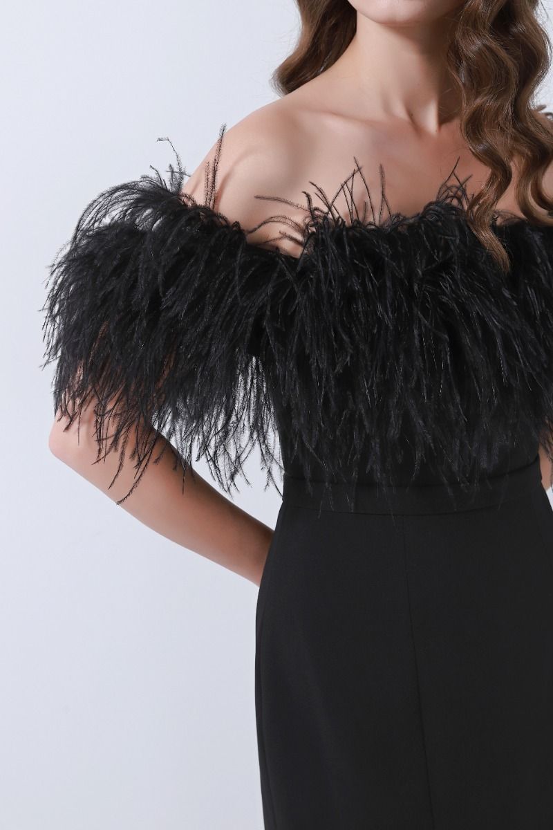 Feathered off-shoulder dress