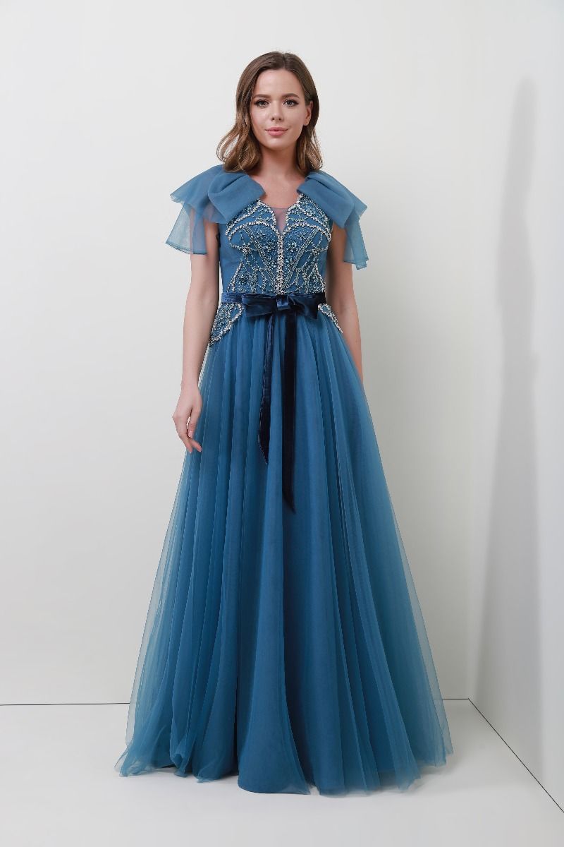 Velvet belt and embellished dress 