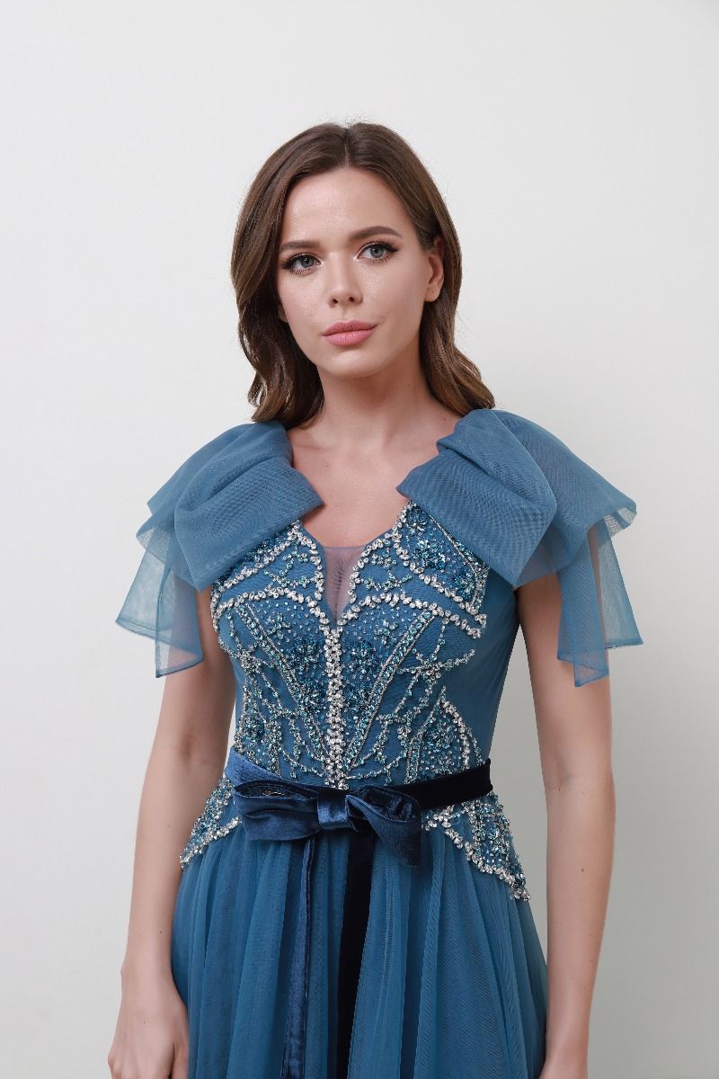 Velvet belt and embellished dress 