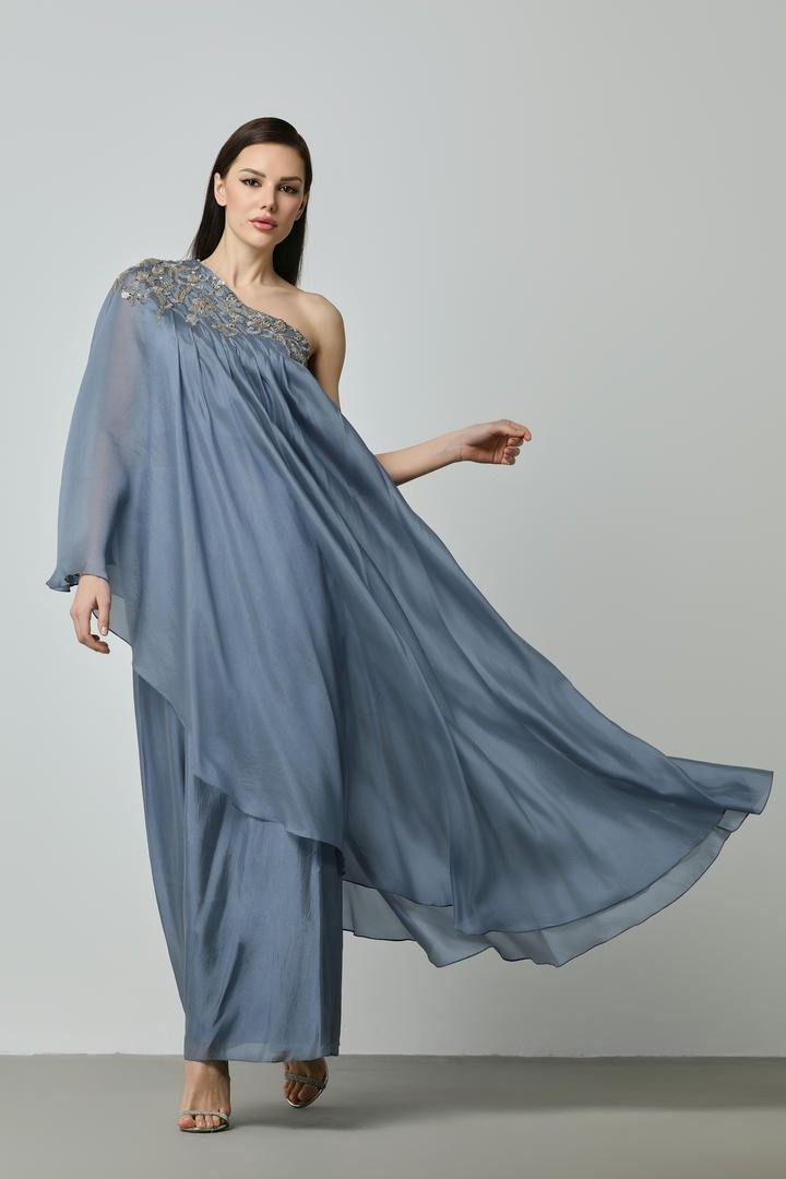 asymmetrical embellished neckline dress