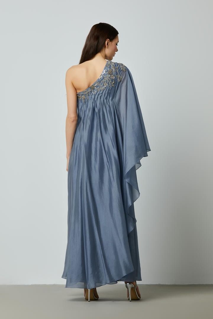 asymmetrical embellished neckline dress